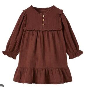 Zara girls 3-4 chocolate brown gauze cotton tiered ruffle long sleeve dress